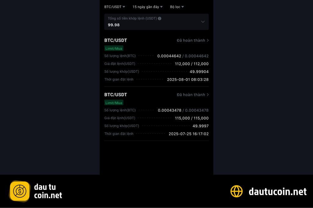 Dẫn chứng thực tế lệnh giao dịch mua Bitcoin 2 tuần gần đây của team Dautucoin