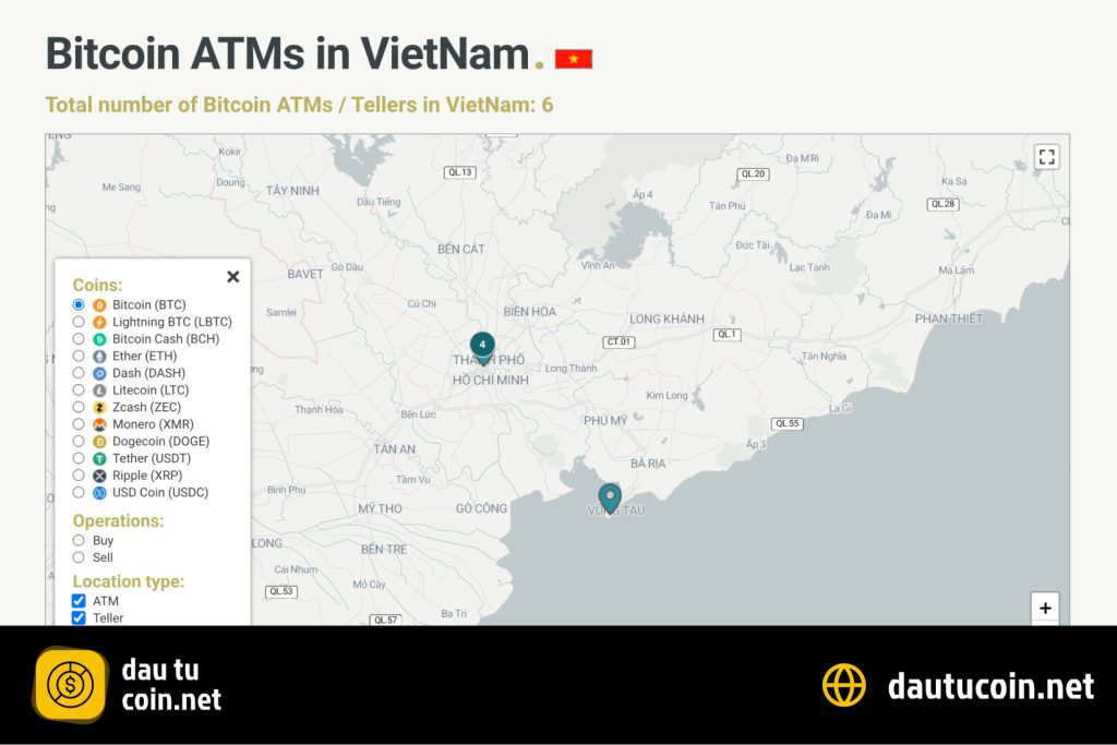 Vị trí các máy Bitcoin ATMs : Tellers tại việt nam